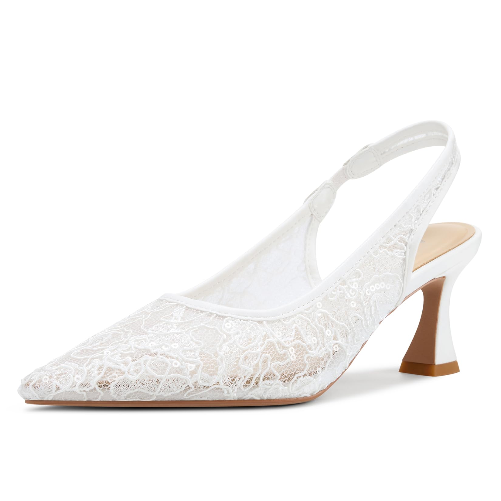 Womens Lace Mesh Slingback Heels Closed Pointed Toe Wedding Pumps Kitten Heel Bridal Dress Shoes 2.5 Inches Heels-image-5