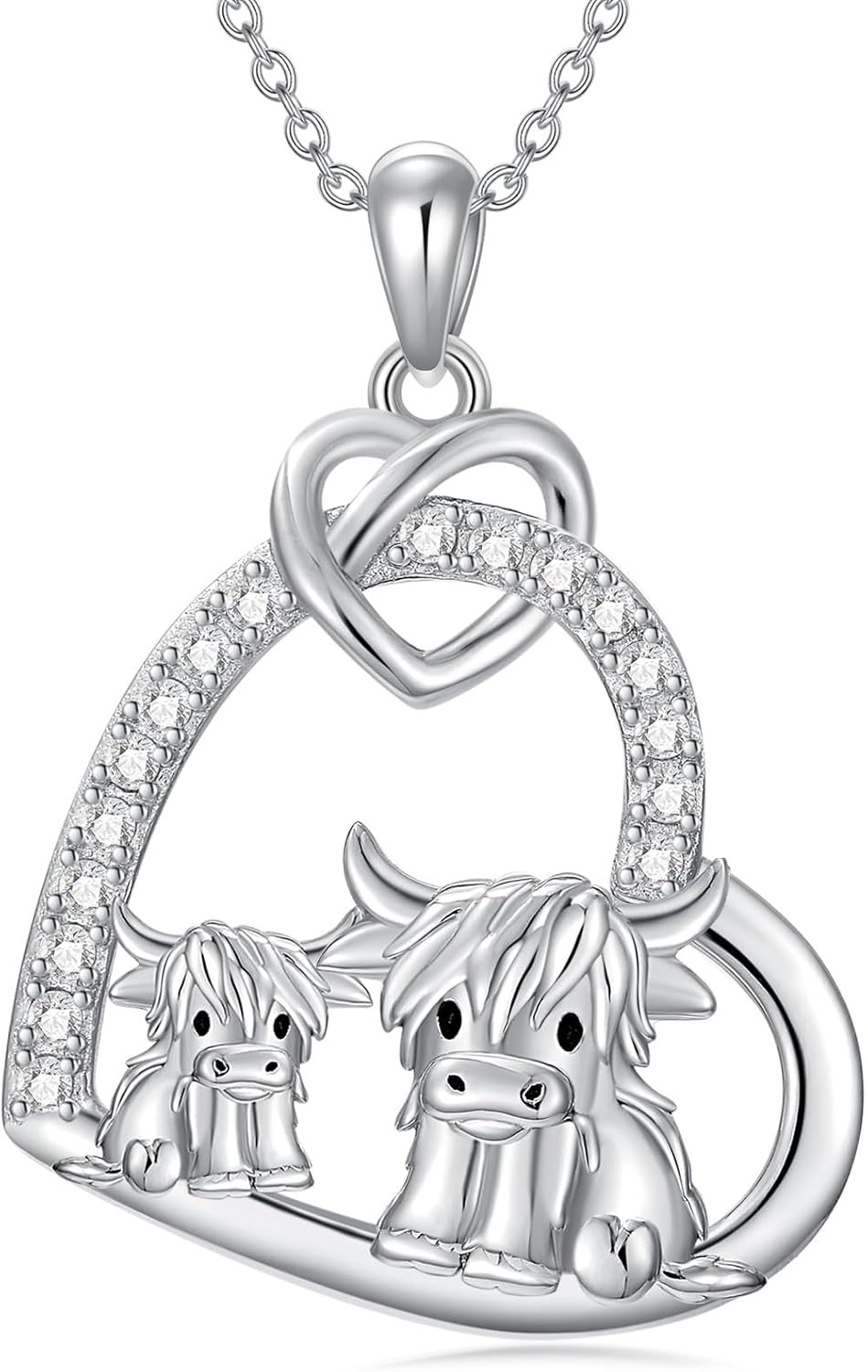 Highland Cow Necklace - 925 Sterling Silver Scotland Pendant, Heart-Shaped. Western Jewelry Gifts for Women, Girls, Mom, Daughter or Cow Lover