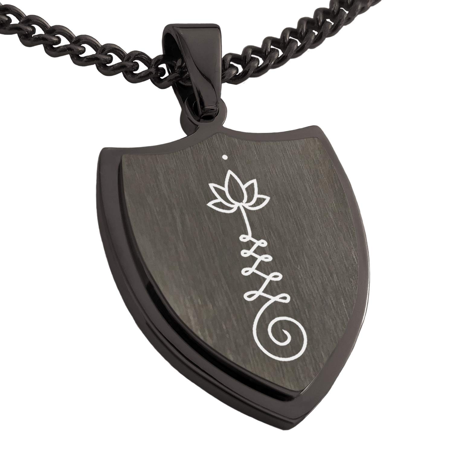 Tioneer Gunmetal Stainless Steel Sacred Lotus Unalome Shield Pendant Necklace