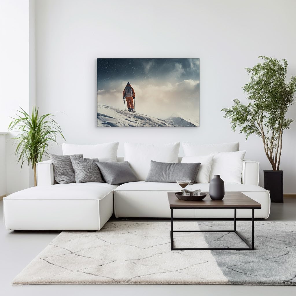 Canvas for Living room. Winter Wanderer: Amidst Snowy Slopes and Brooding Skies, 27 x 18 inch Canvas Wall Art - Surrealistic Visions - Modern Home Decor
