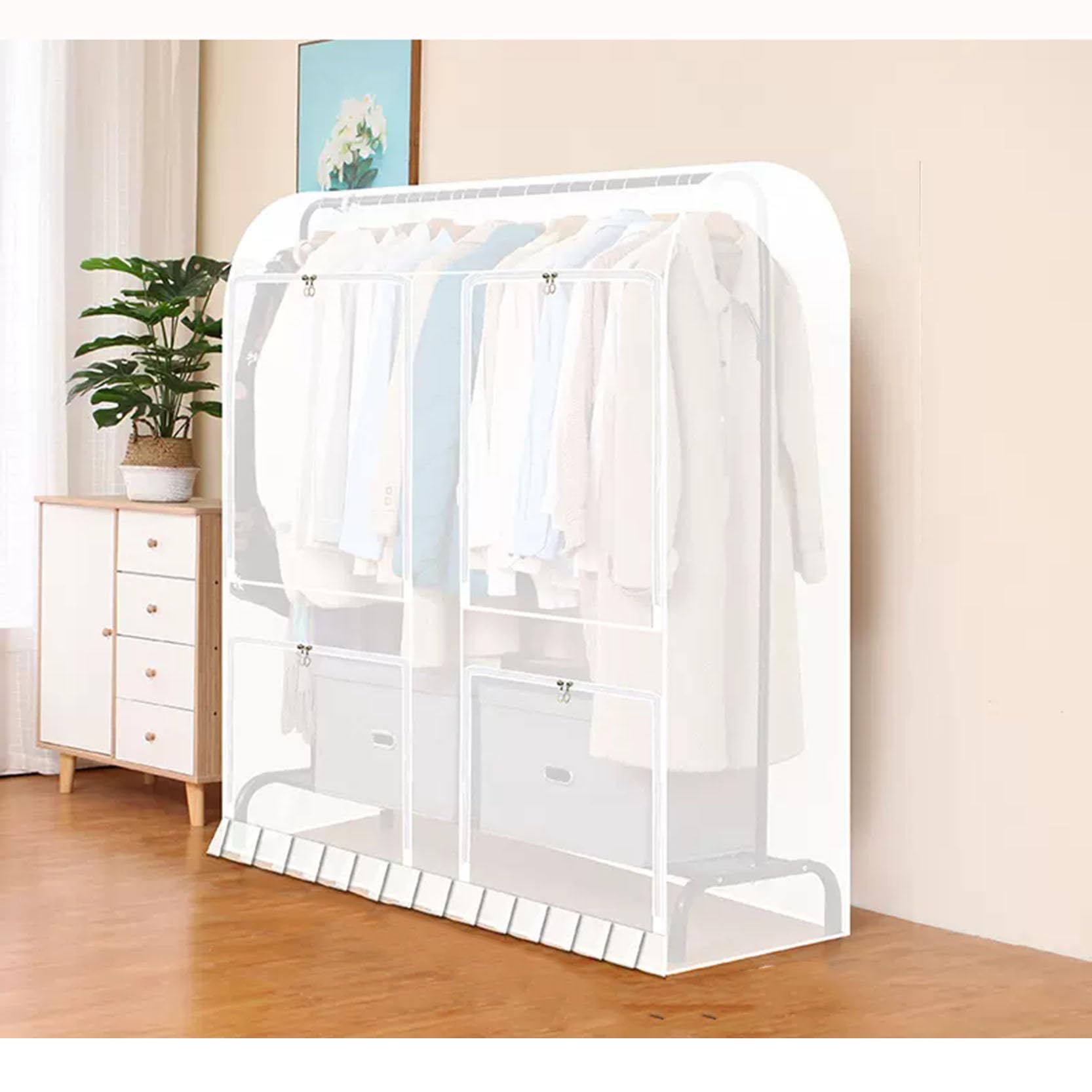 Funda Transpirable para Perchero de 1,2 m/1,5 m/1,6 m, a Prueba de Polvo, con Cremallera y 4 Ventanas Transparentes de PEVA, para Abrigos, Trajes y Vestidos (Blanco, 150 x 50 x 150 cm).