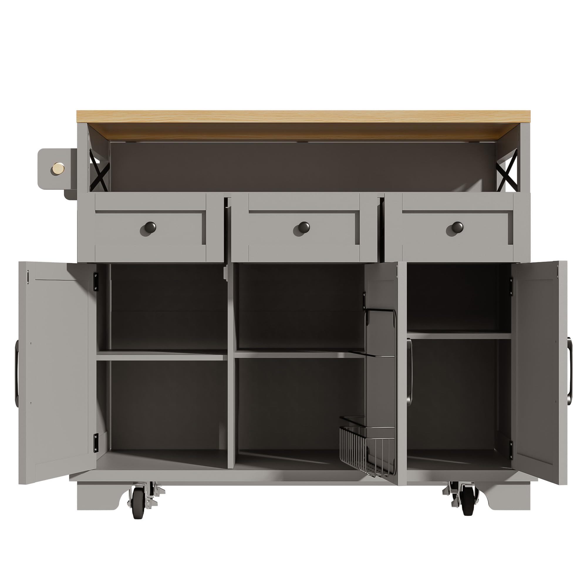 Nowoczesna wyspa kuchenna (118 x 43 – 80 x 98 cm), szafka kuchenna z rysunkiem słojów drewna, wózek do jadalni z kółkami, z wielofunkcyjnym schowkiem, wyjmowanymi ściankami działowymi, z