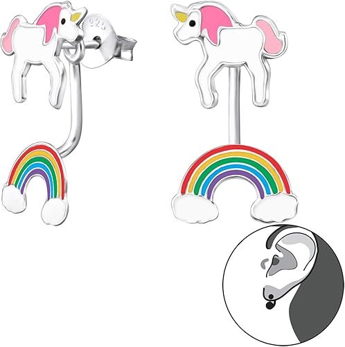 Pendientes de tuerca de unicornio de plata de ley 925 con arco iris colgantes 30420, Plata de ley