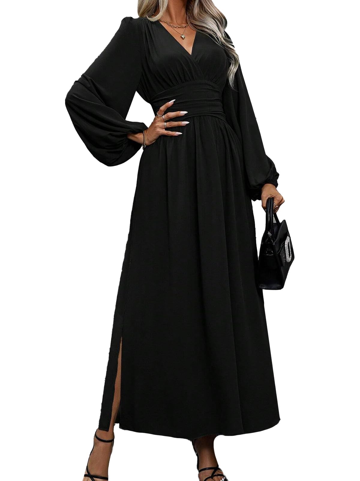 Abito Elegante Donna Scollo a V Plissettato Vita Alta Abito Lungo con 2 Side Spaccato Causal Manica Lanterna Vestiti Autunno Iinverno Abiti