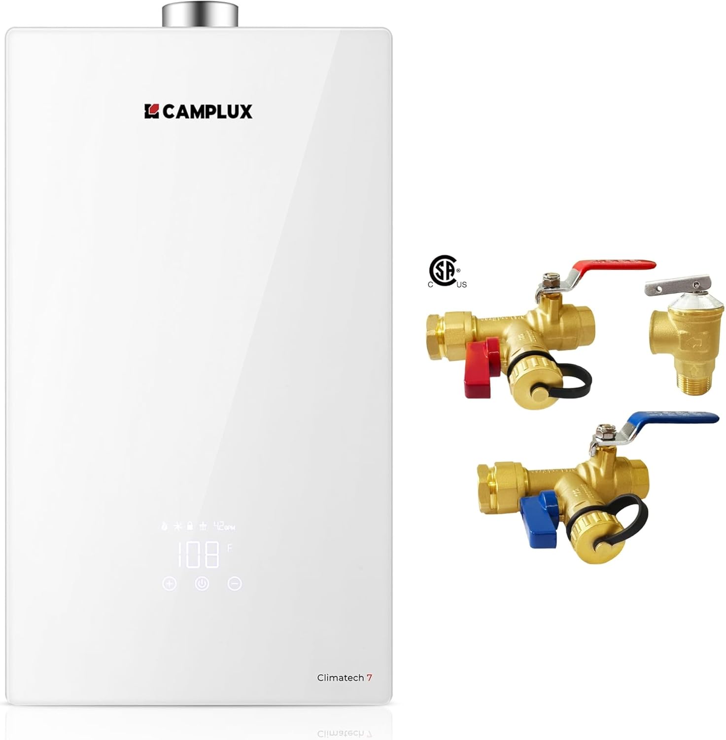 CAMPLUX Tankless Water Heater Gas Indoor 3.6 GPM, 82,000 BTU On Demand Hot Water Heater Gas, 2-3 Points White