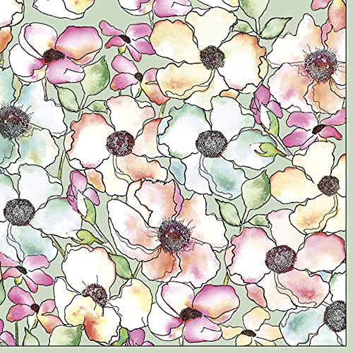 3-Ply Flowers Tissue Paper Napkins Serviettes for Decoupage Lunch 33 x 33cm - Pack of 20 (Watercolour Flowers Meadow on Sage)