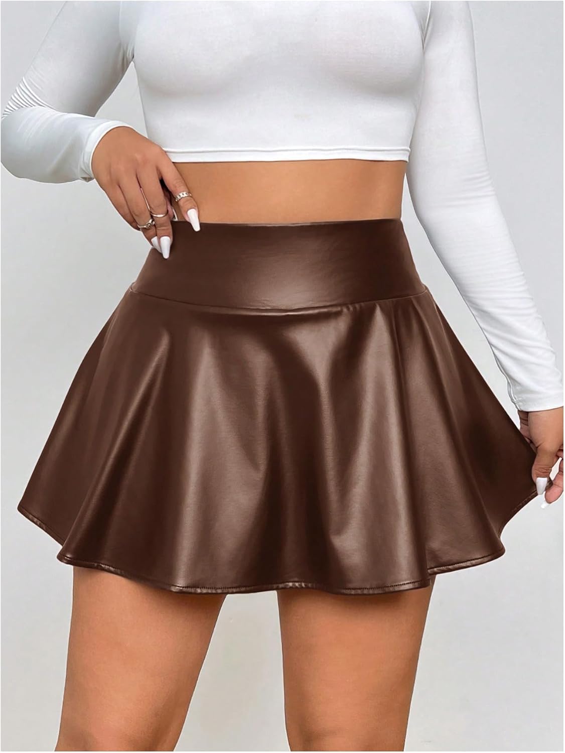 OYOANGLE Women's Plus Size PU Leather Ruffle Short Skirts High Waist Pleated Skater Skirt with Built in Shorts - Image 3