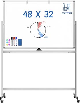 Maxtek Rolling White Board on Wheels 48x32 in, Double-Sided Magnetic Stand | Mobile Dry Erase Board with Stand, Aluminum Frame Easel, Reversible Writing Surface for Office, Classroom School Homeschool