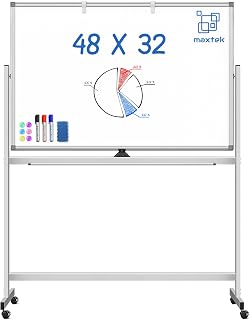 Maxtek Rolling White Board on Wheels 48x32 in, Double-Sided Magnetic Stand | Mobile Dry Erase Board with Stand, Aluminum Frame Easel, Reversible Writing Surface for Office, Classroom School Homeschool