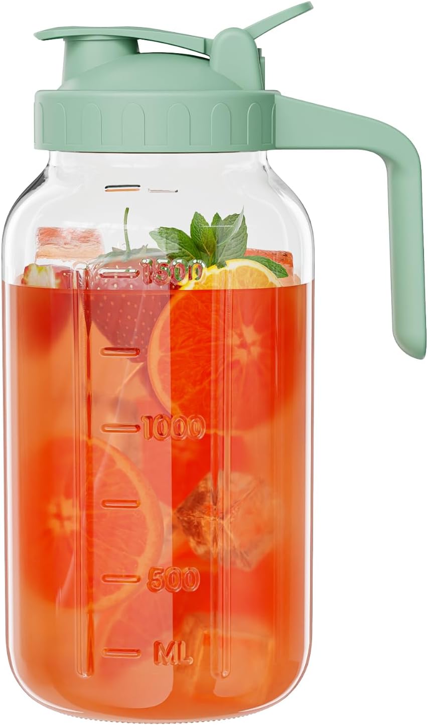 Glass Mason Jar Pitcher, 64 oz Wide Mouth Jug with Pour Spout Handle Lid for Cold Brew Coffee, Ice Beverage, Iced Juice, Lemonade, Sun Tea, Fruit Drinks Container(Green)