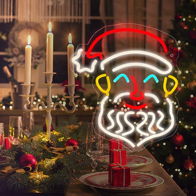 Image of Santa Claus Neon Sign, Christmas LED Neon Signs for Wall Decor, Acrylic Transparent Neon Light Sign for Bedroom Bars Shops Cafe Christmas Decorative Party Lights Business Signs