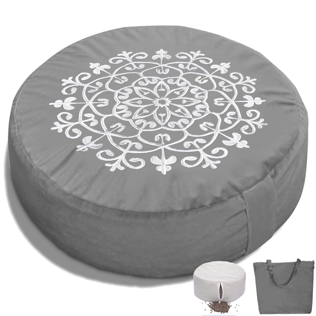 Meditation Cushion with Two Velvet Covers, 16 * 16 * 5.9 inches, Filled with Buckwheat - Round Yoga Bolster (Gray)