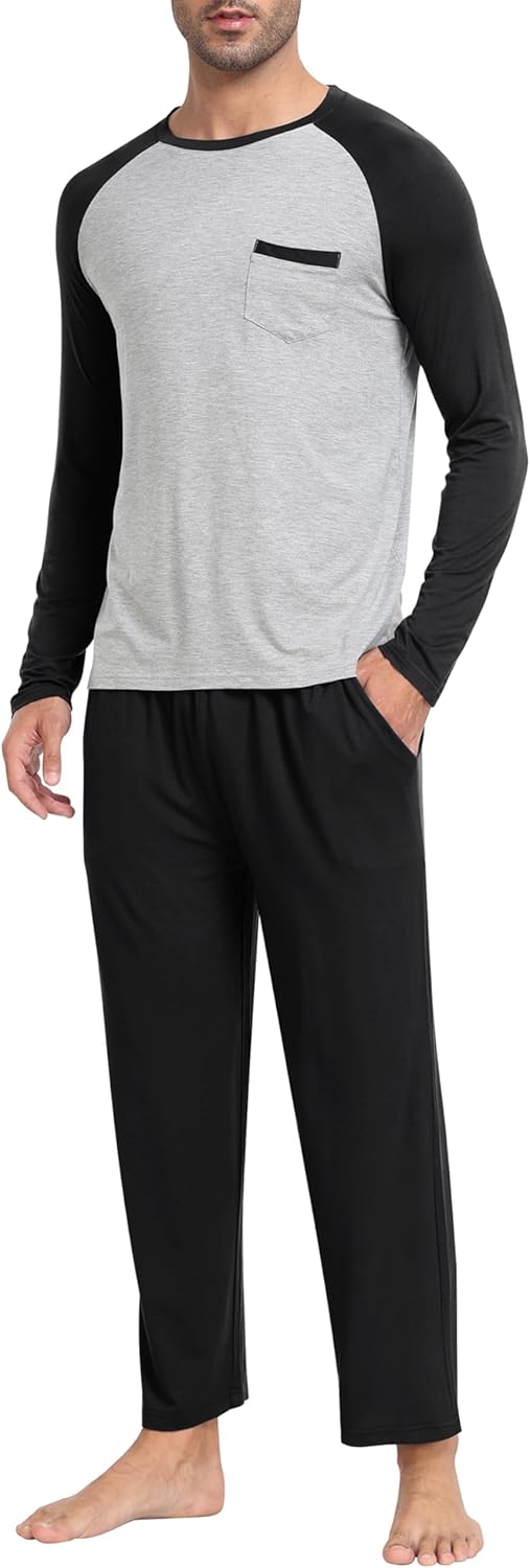 MoFiz Mens Pajama Sets Comfy Long Sleeve Sleepwear Top Solid Pyjama Pants with Pocket 2 Piece Loungewear PJs Sets for Men - Image 2
