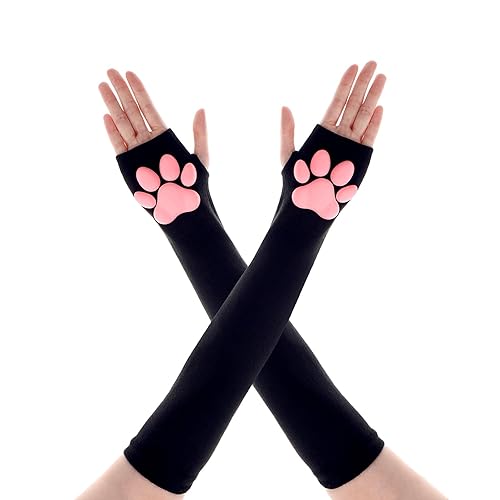 Telooco Cat Paw Gloves Therian Paws Long Fingerless Paw Gloves with 3D Pink Paw Pad Mittens Cosplay Gloves Sleeve for Halloween - Black