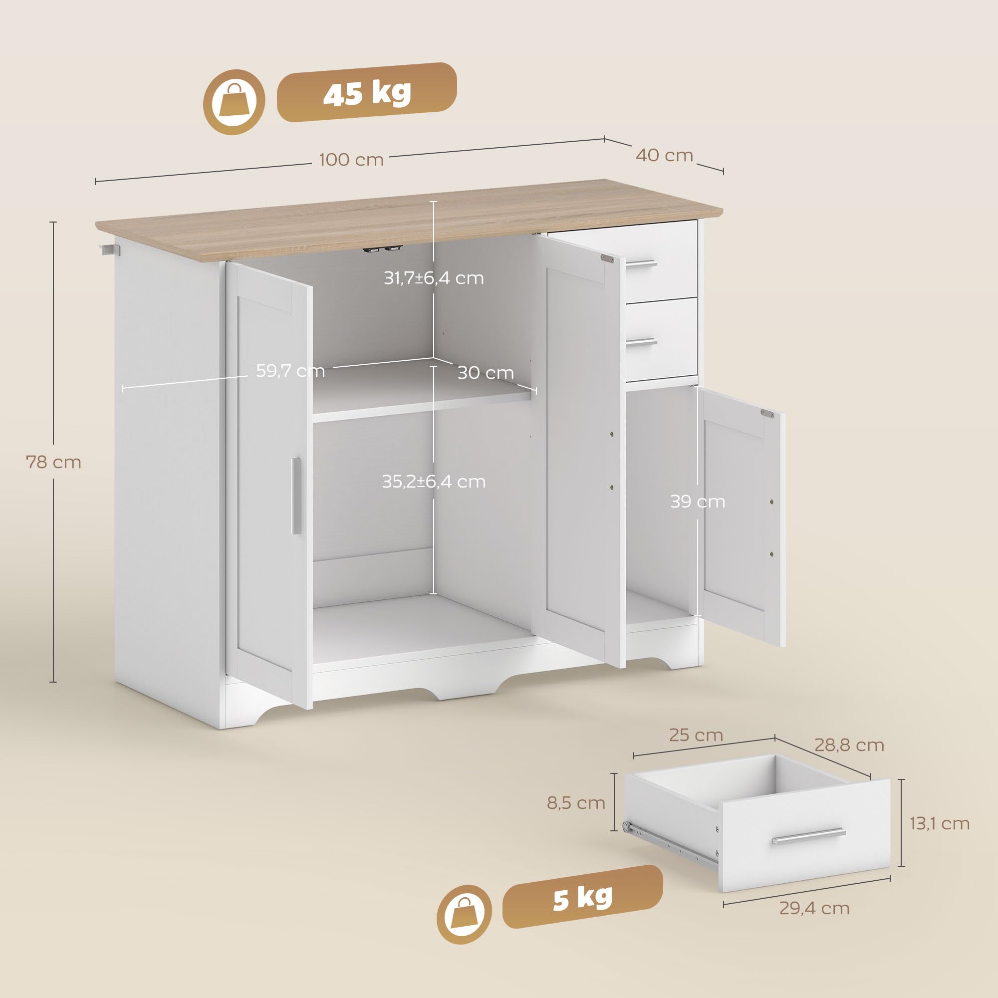 HOMCOM Buffet Salon 2 tiroirs 3 Portes 100 x 40 x 78 cm Blanc Bois Naturel | Meuble de Rangement, Étagère Réglable, Style Contemporain, Buffet Salle à Manger et Cuisine