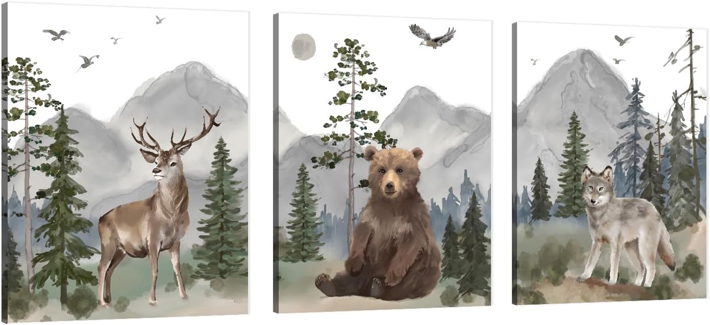Woodland Nursery Wall Art Decor: Forest Themed Animal Wall Art Prints Canvas Posters Nursery Decor for Boys Girls Room,Wildlife Deer Bear Wolf Pictures for Bedroom Wall Decor,12x15 Inch,Set of 3