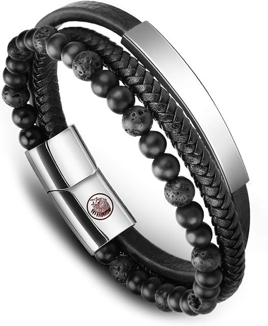 Mens Leather Bracelet  Classic Handmade Braided Black & Brown Cuff Bracelet with Engraved Magnetic Clasp Free Jewelry Gift Boxed