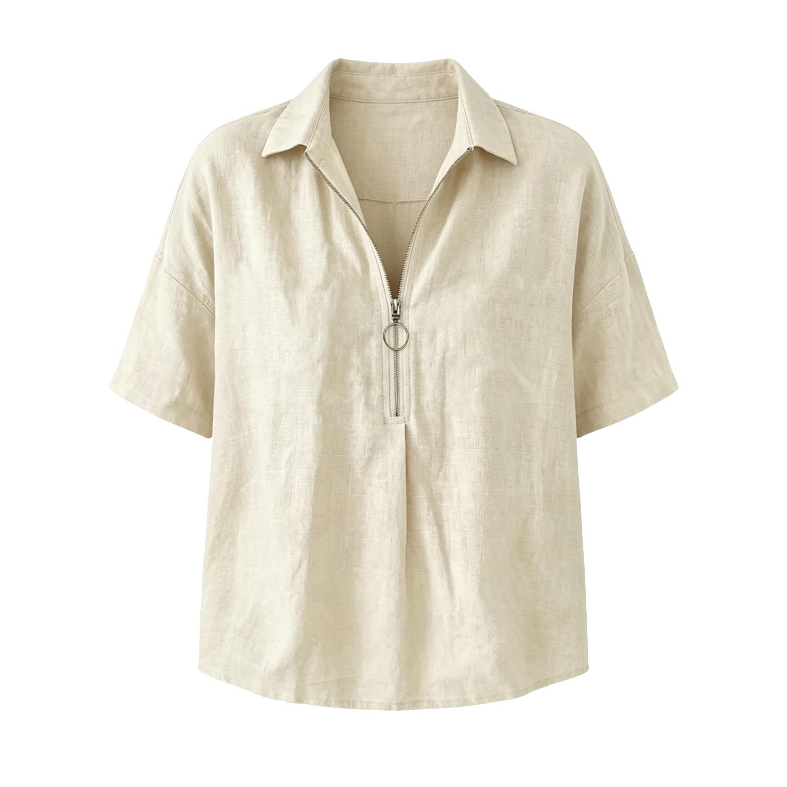 Camicia da donna in lino, a maniche corte, casual, estiva, leggera, mezza cerniera, scollo a V, casual, estiva