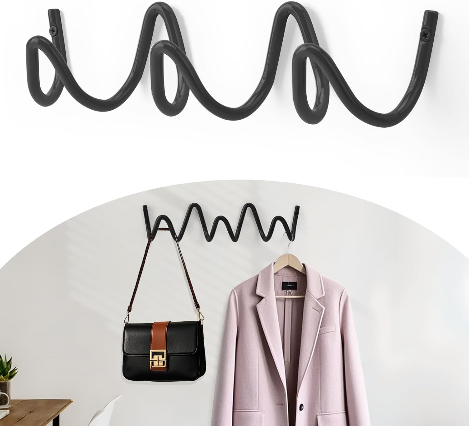 Coat Rack Wall Mount, Creative Wave Wall Hooks 20KG Capacity, Easy Installation, Multi-Purpose Hooks for Coat, Hat, Bag, Umbrella (Black, 29cm x 7.5cm (11.41" x 2.95")) - Image 2