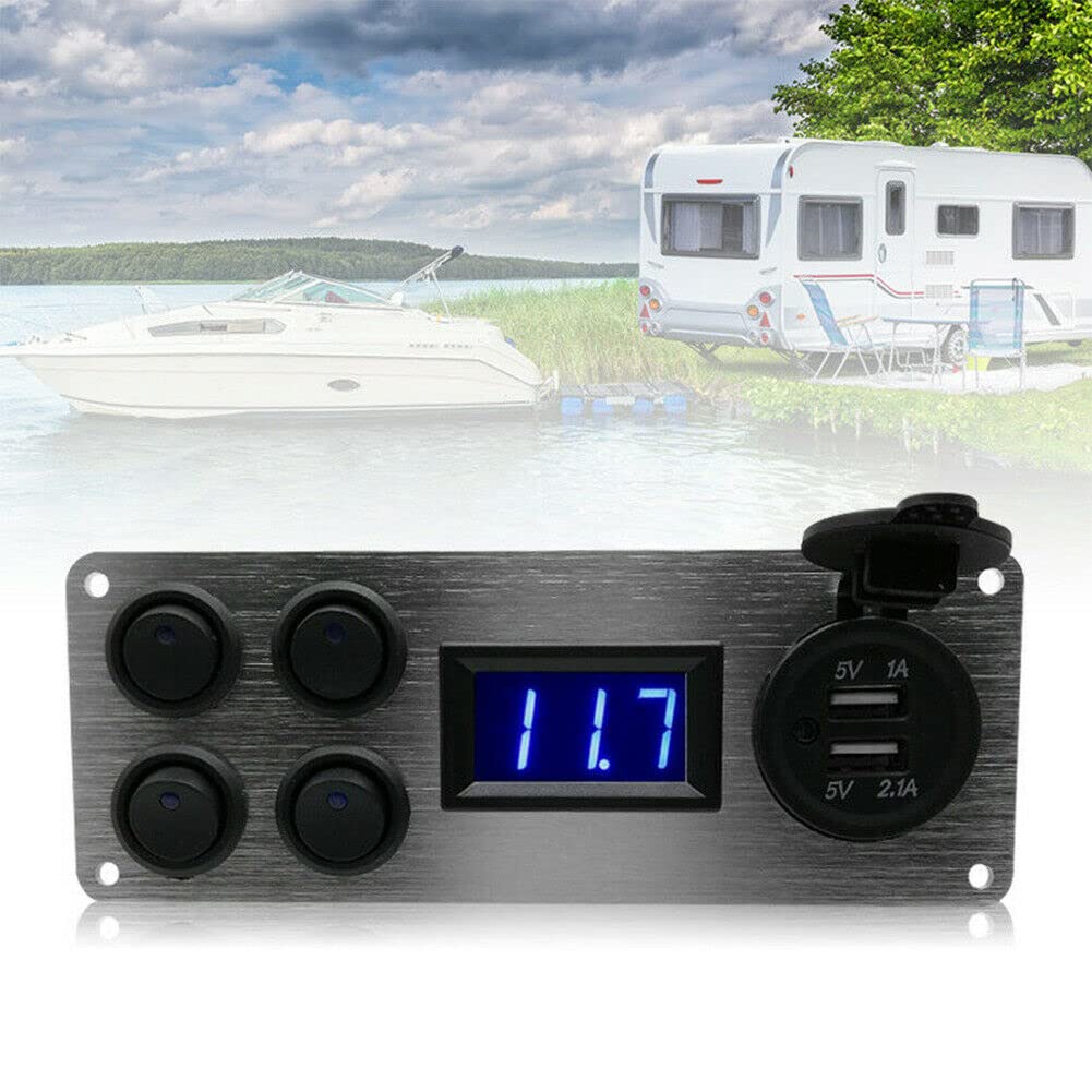 Pannello interruttore a LED con voltmetro, 12 V-24 V, con doppia porta USB, pannello di commutazione universale per auto, barca, camper, furgone, camion, camper, yacht