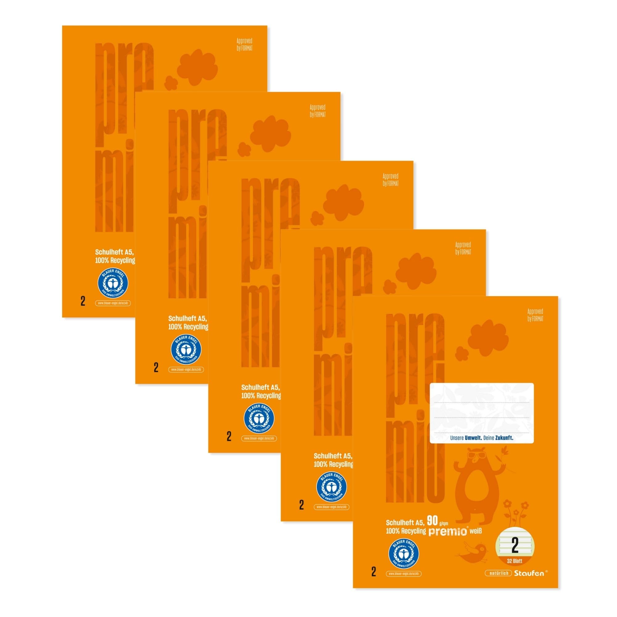 Pack 5 Unidades A5 Cuadernos Staufen Premio - Pack De 5, DIN A5, 32 Hojas, Rayado 4/4/4 Mm, Papel Reciclado 90 G/m² Cuadernos Staufen A5 32 Hojas Papel Reciclado 90g/m²