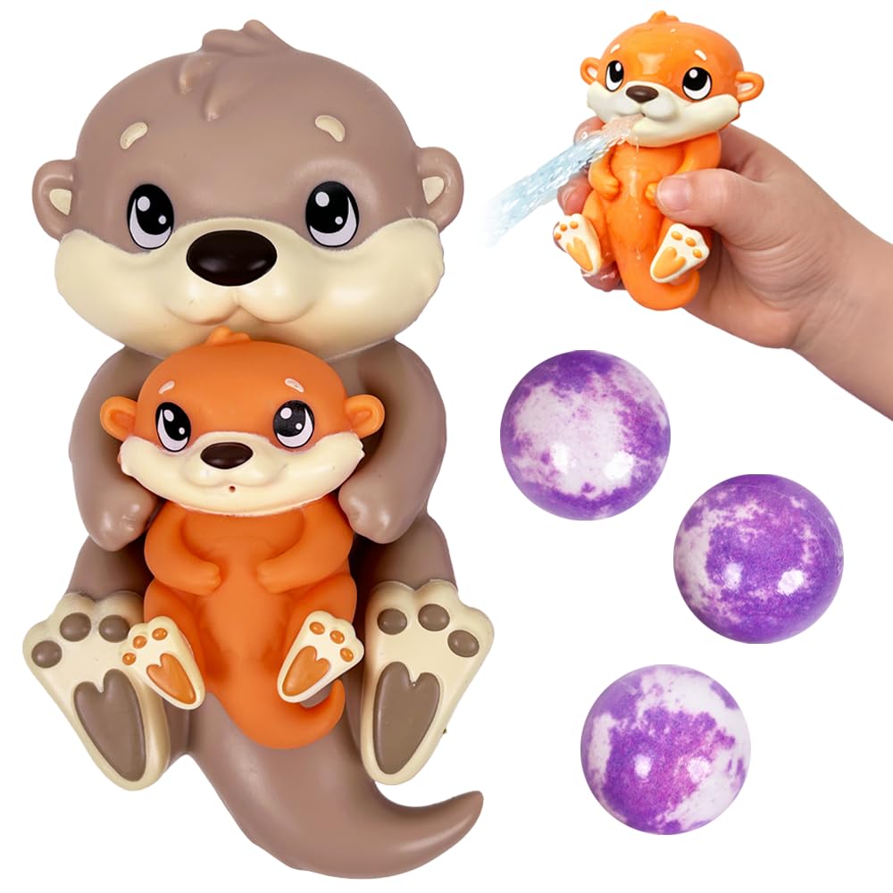 ZIMPLI Baff Buddies Mama & Baby Otter Floating Bath Toy, 3 x Calming Shimmery Lavender Bath Bombs & Water Squirter Toy, Motor Skill Development, Kids Gift