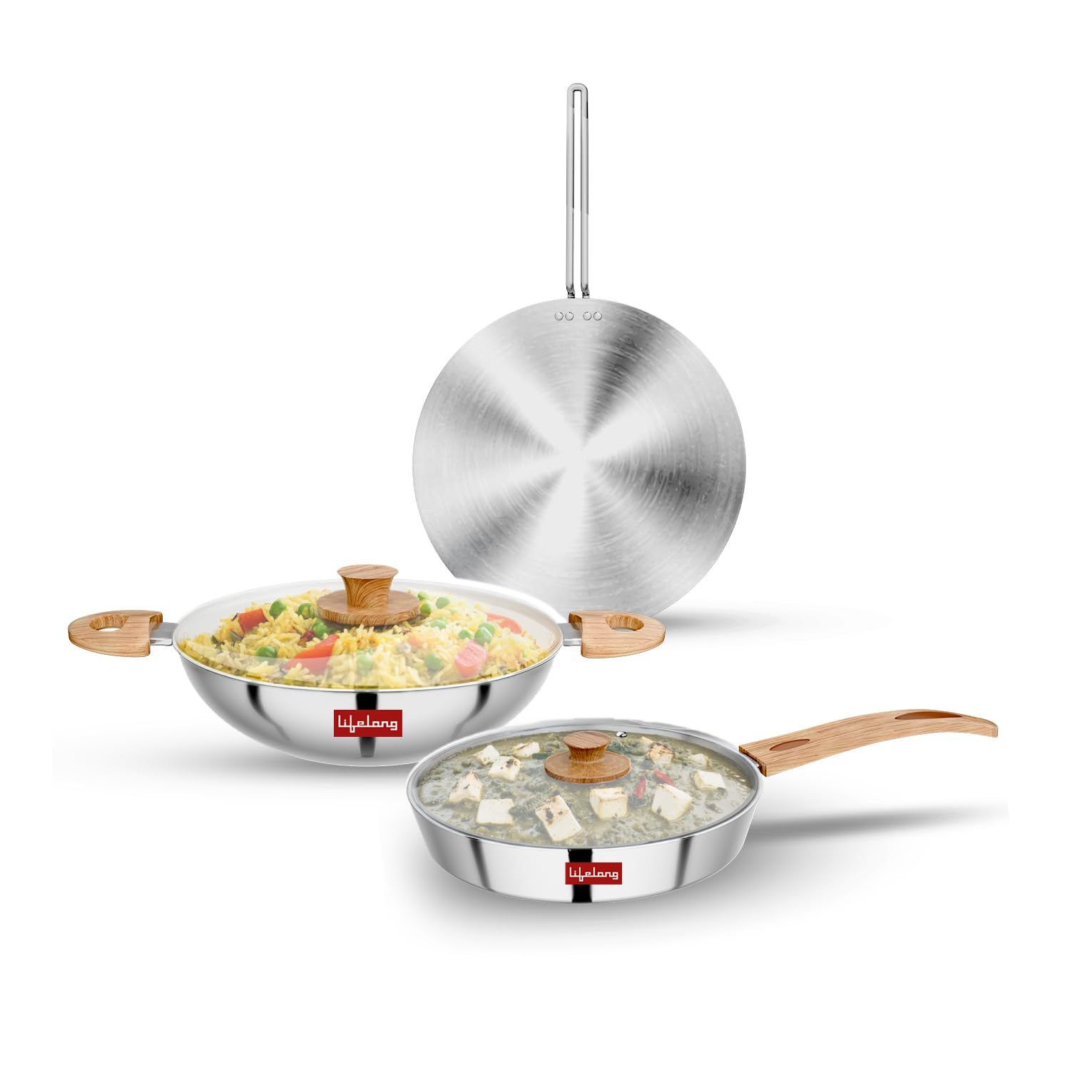 Lifelong 20 kadhai , 20 fry pan cmn lid &amp; Roti TawaÂ (soft touch handles )