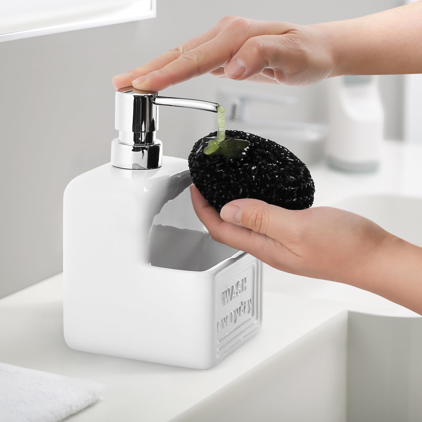 Dispensador de jabón de cerámica con Soporte para Esponja, dispensador de jabón líquido, 420 ml, dispensador de jabón con Bomba para el Cuarto de baño, la Cocina y el lavadero