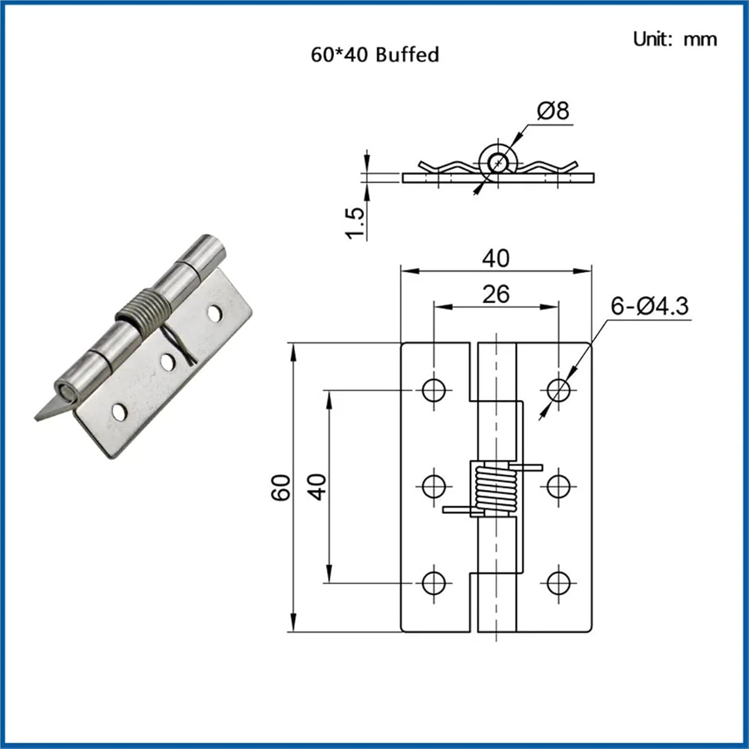 304 Stainless Steel Spring Hinge Industrial Automation Equipment Device Cabinet Automatic Reset Spring Hinge Accessory 1Pcs(60x40 Buffed)