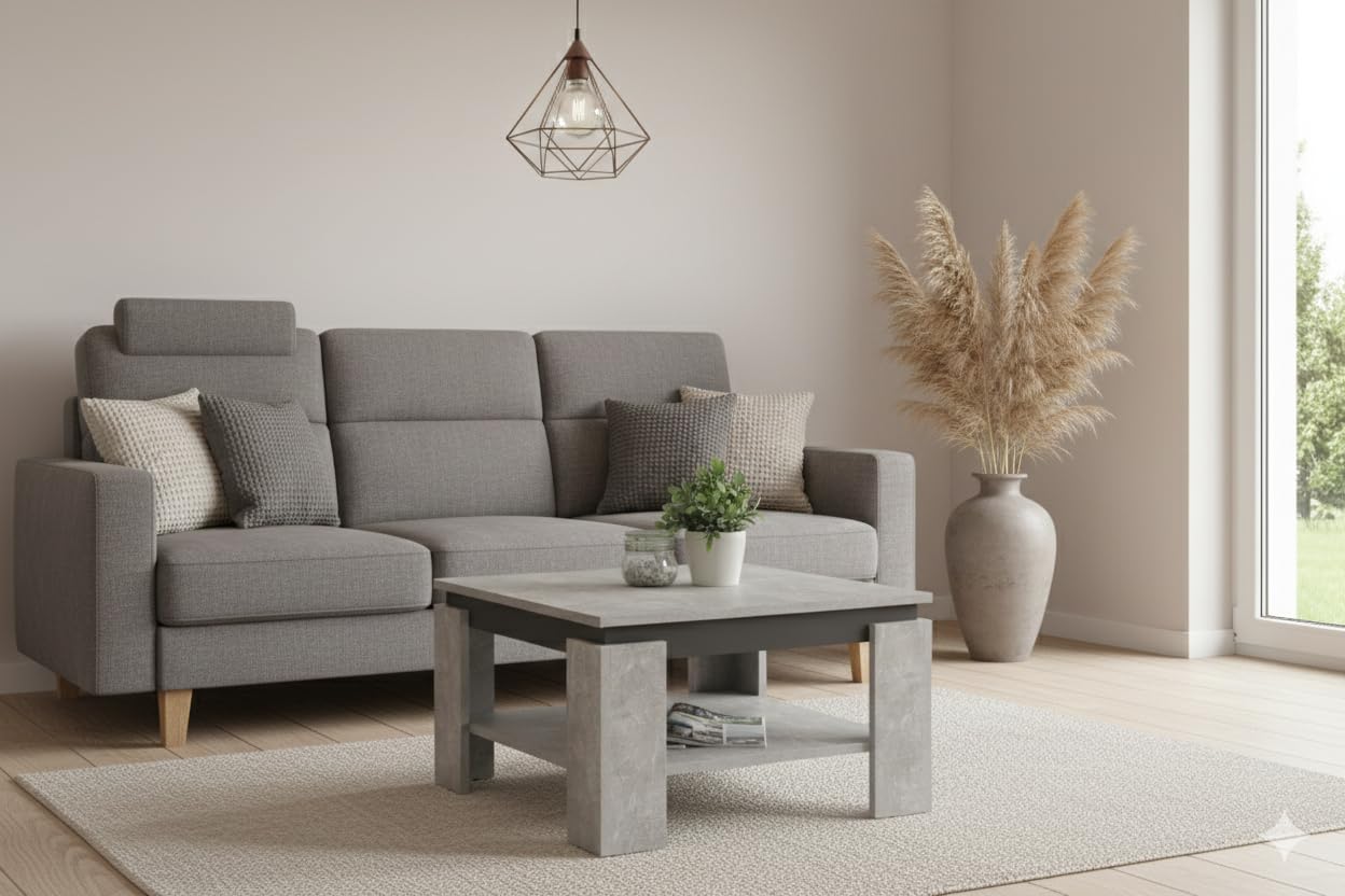 Hela Tische, Couchtisch Sofatisch Tim, Quadratisch, Holzwerkstoff melaminbeschichtet, farbiger Tischkranz, Betonoptik/Anthrazit, 68 x 68 x41cm