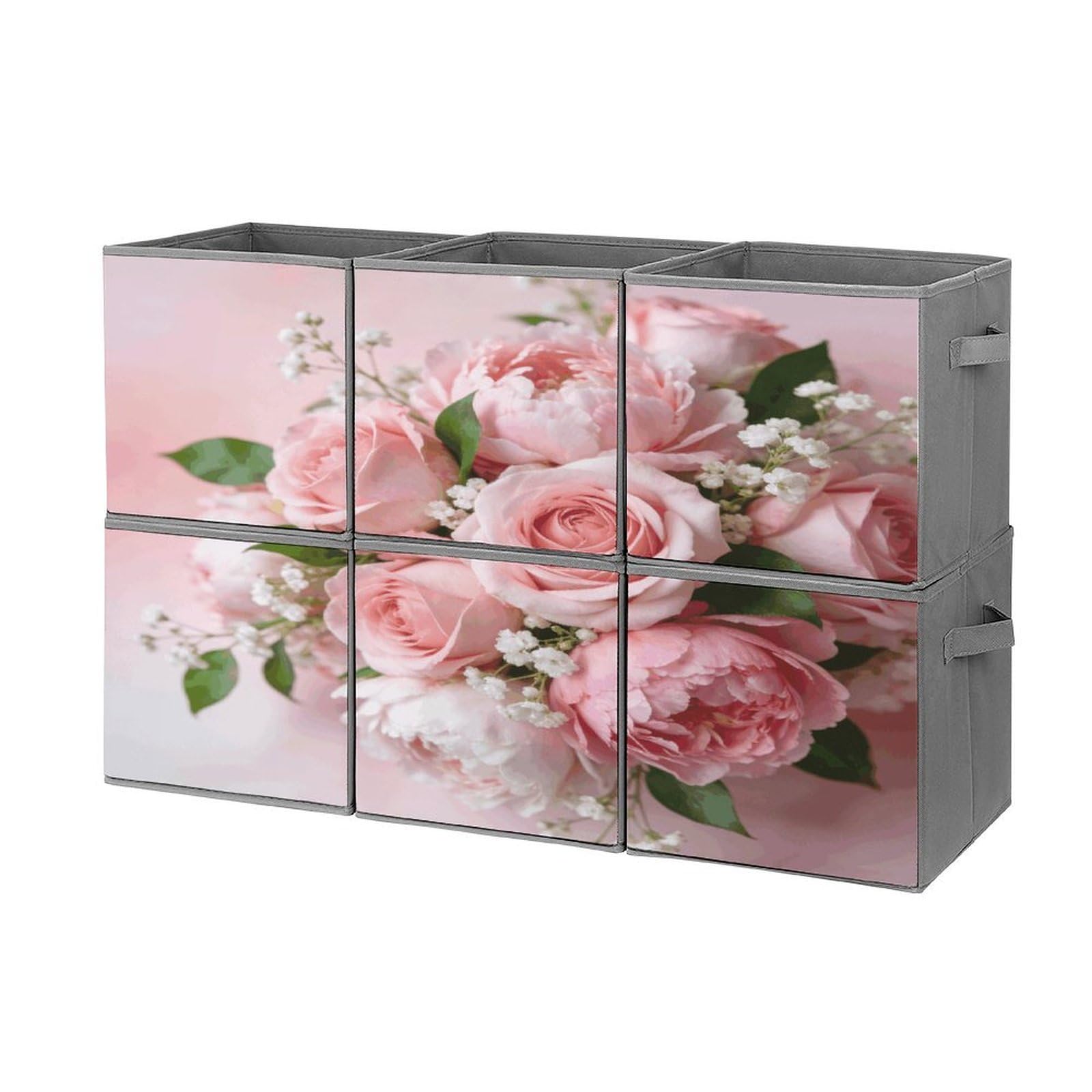 Fodpand Style Pink Floral Cube Bins With Double Handles,Set Of 6 Cube Organizer, Stackable And Foldable Storage Bins For Organization, Closet, Shelves, Offices
