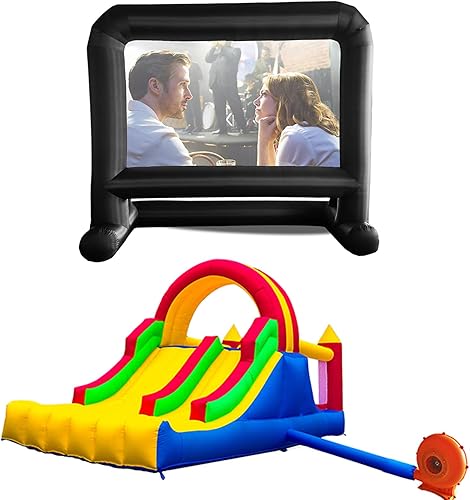 HuaKastro Pantalla de proyector de 14 pies y casa inflable de rebote de 16 x 7.2 pies con 2 toboganes de carreras y juego combinado de pared de