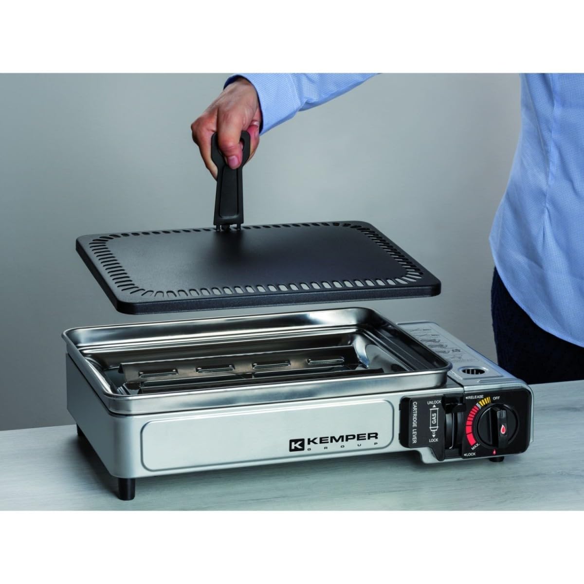 KEMPER - Piastra a gas portatile 2300 W piastra antiaderente + 2 cartucce di gas campeggio + Valigia di trasporto