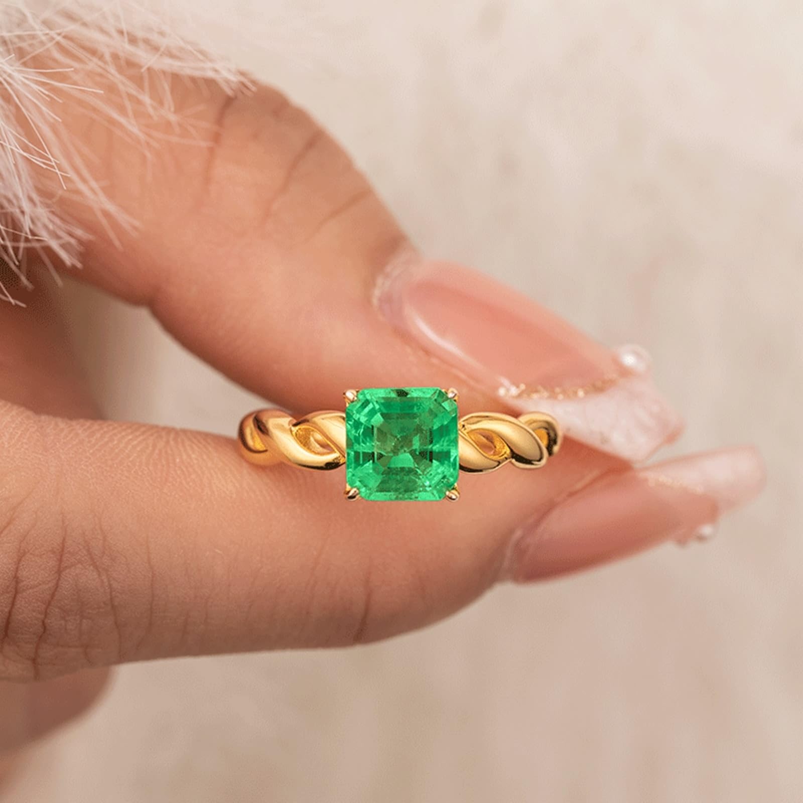 Bagues d'amitié - Or jaune 9 K/14 K/18 carats - Créées en laboratoire - Émeraude - 4 griffes - Alliances véritables Au 750/585/375 - Taille 47-70