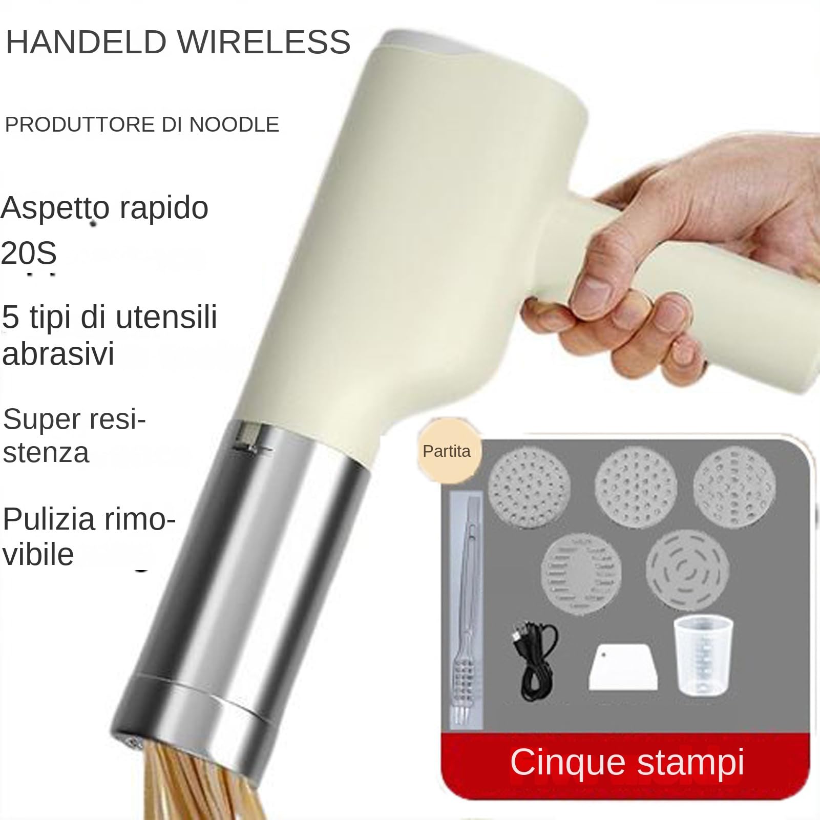 Handheld Electric Noodle Machine, Automatic Pasta Maker, Cordless Dough | Press, 6 Moulds, 1500mAh Rechargeable, (200g Capacity), Easy Handmade For Kitchen, Home, Restaurant
