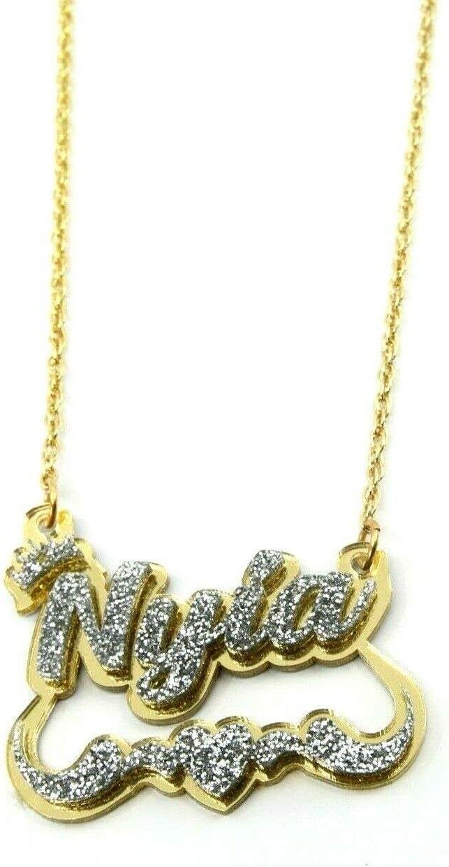 MIRROR MANIA Custom Jewelry NamePlate Necklace Laser Cut Swirls Heart Crown On Top Design Background Color Options Gold Script Cursive Letters Quality Gold Chain Made To Order Dazzling and Stunning