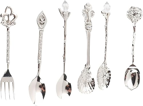 Fdit 6 unids/set vintage tallado cuchara cucharadita retro aleación de zinc postre café vajilla cucharas cubiertos cocina (plata)