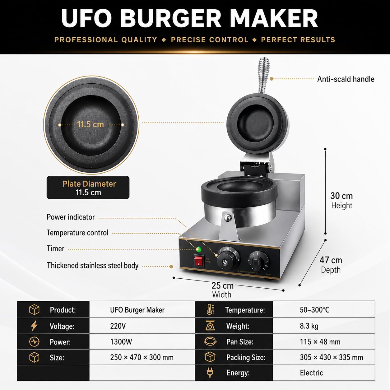 Piastra Elettrica per Waffle, Macchina per Hamburger Ufo da 1300 W, Macchina per Panini Antiaderente Commerciale, Temperatura Regolabile da 50 a 300 ℃, Acciaio Inossidabile per Uso Domestico