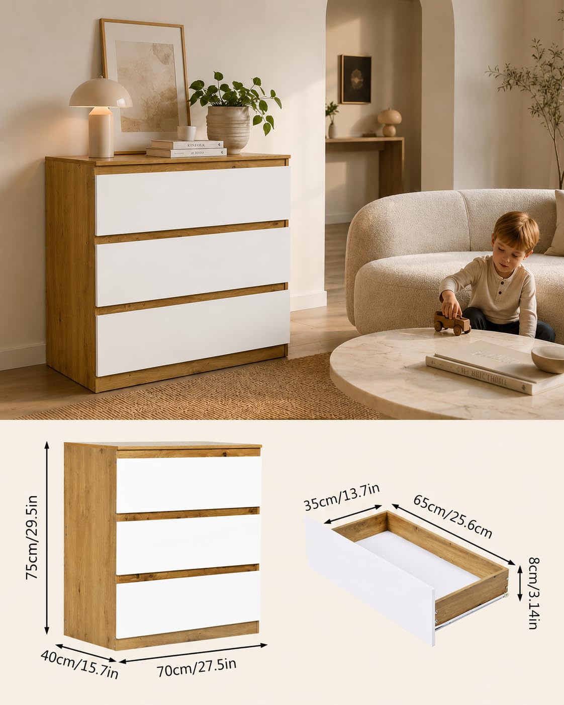 Komoda z 3 szufladami, kredens do salonu, wąska komoda z białego drewna 70 x 40 x 75 cm, nowoczesna szafa z szufladami, szafa na komodę do sypialni, salonu i korytarza, dąb/biała