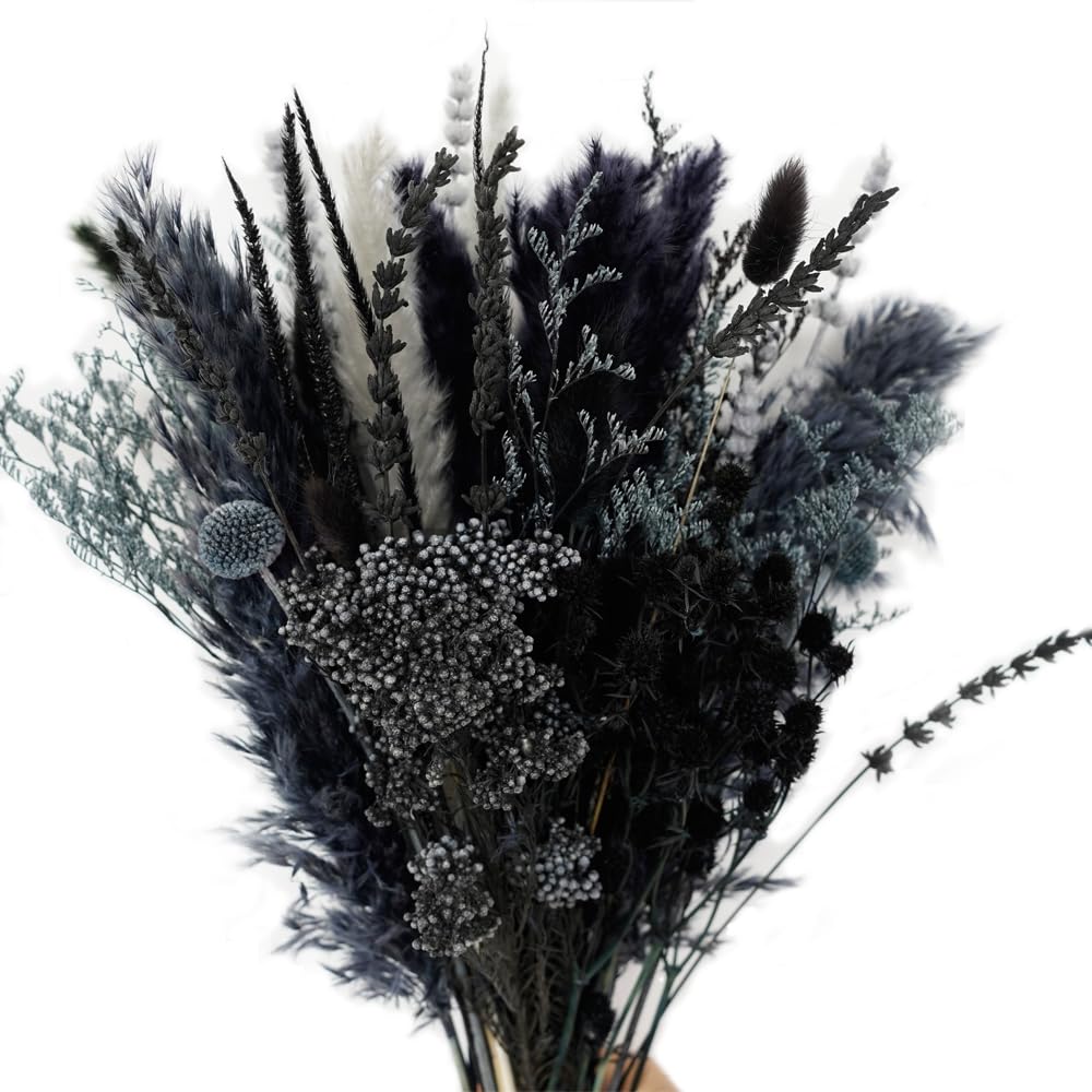 Natural Dried Pampas Grass Bouquet,17" Natural Dried Flower Bouquet, Black Pampas and Thistle Flower Mixed Bouquet Bohemian Style Home Dried Flower Decoration