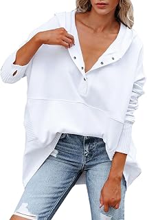 KonJim 2023 Fall Winte Sweatshirts Women V Neck Button Down Long Sleeve Crop Hoodies Loose Pullover Hooded Sweatshirts Tops Loose Solid Pullover Tops