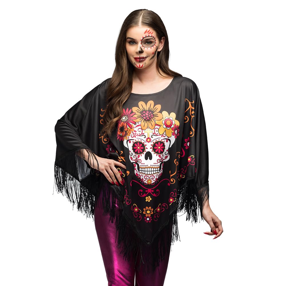 Boland 84337 Poncho Catrina, Cape Dia de los Muertos for Halloween, Carnival and Costumes, Mexico Day of Death, Skull