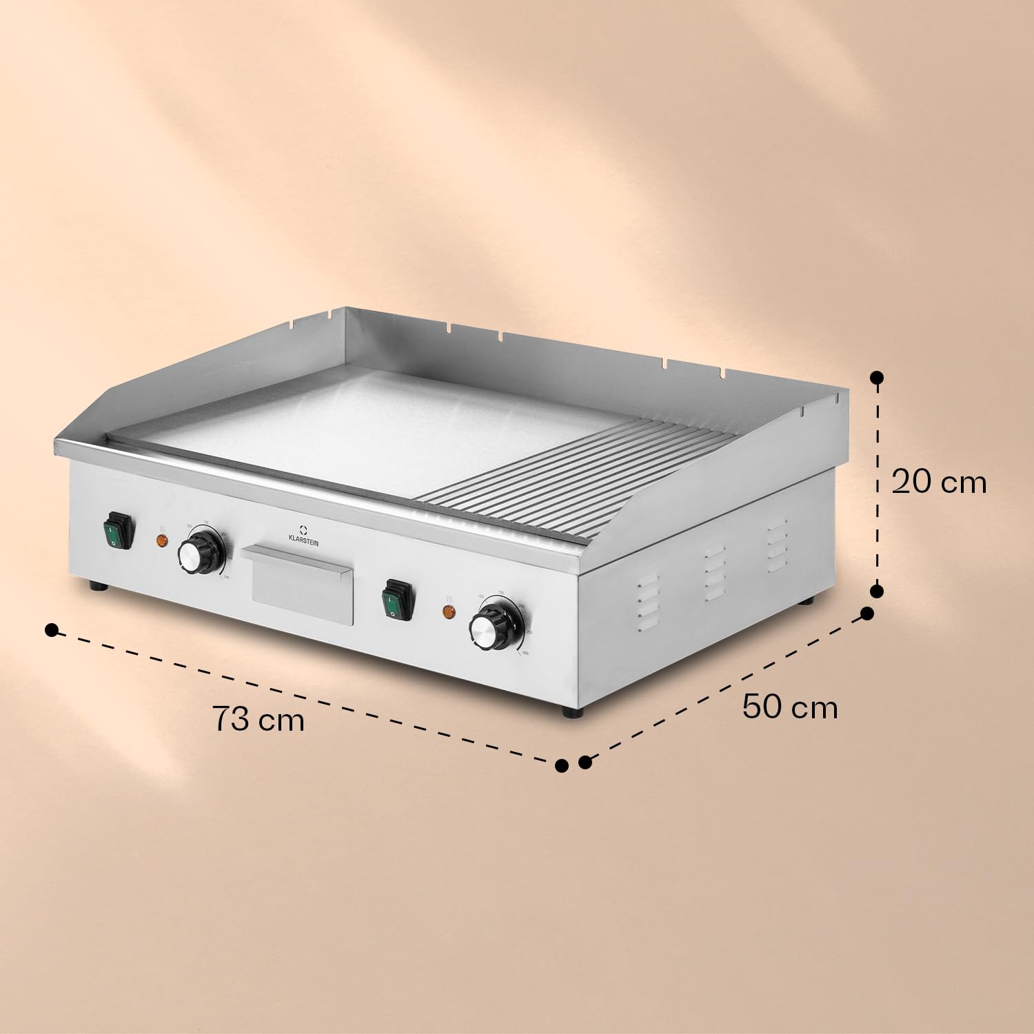 Klarstein Parrilla Eléctrica - Grill de Mesa con Pantalla LED para Balcón e Interior, Acero Inox, Placa Antiadherente Extraíble, Antisalpicaduras, 2 Zonas, 50-300 °C