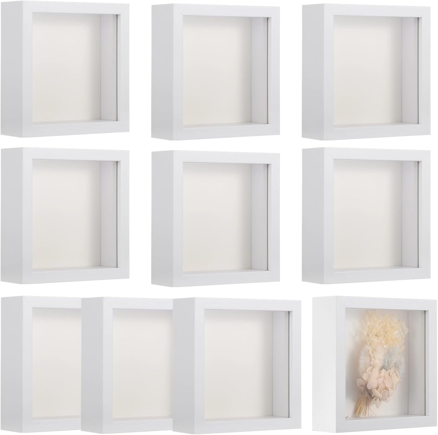 10 PCS Mini Shadow Box Frames - 5.6 in Small Square Shadow Boxes for Displaying Dried Flowers, White 3D Floating Frames for Craft Projects, Picture Frames for Home Decor DIY Favors