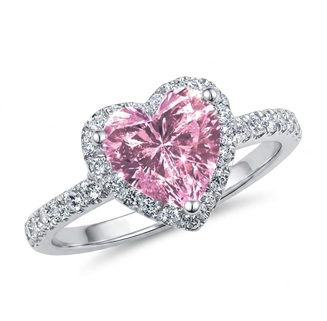 Heart-Shaped Pink Cubic Zirconia Halo Engagement Ring, Silver-Tone Band with White Accent Stones-image-23