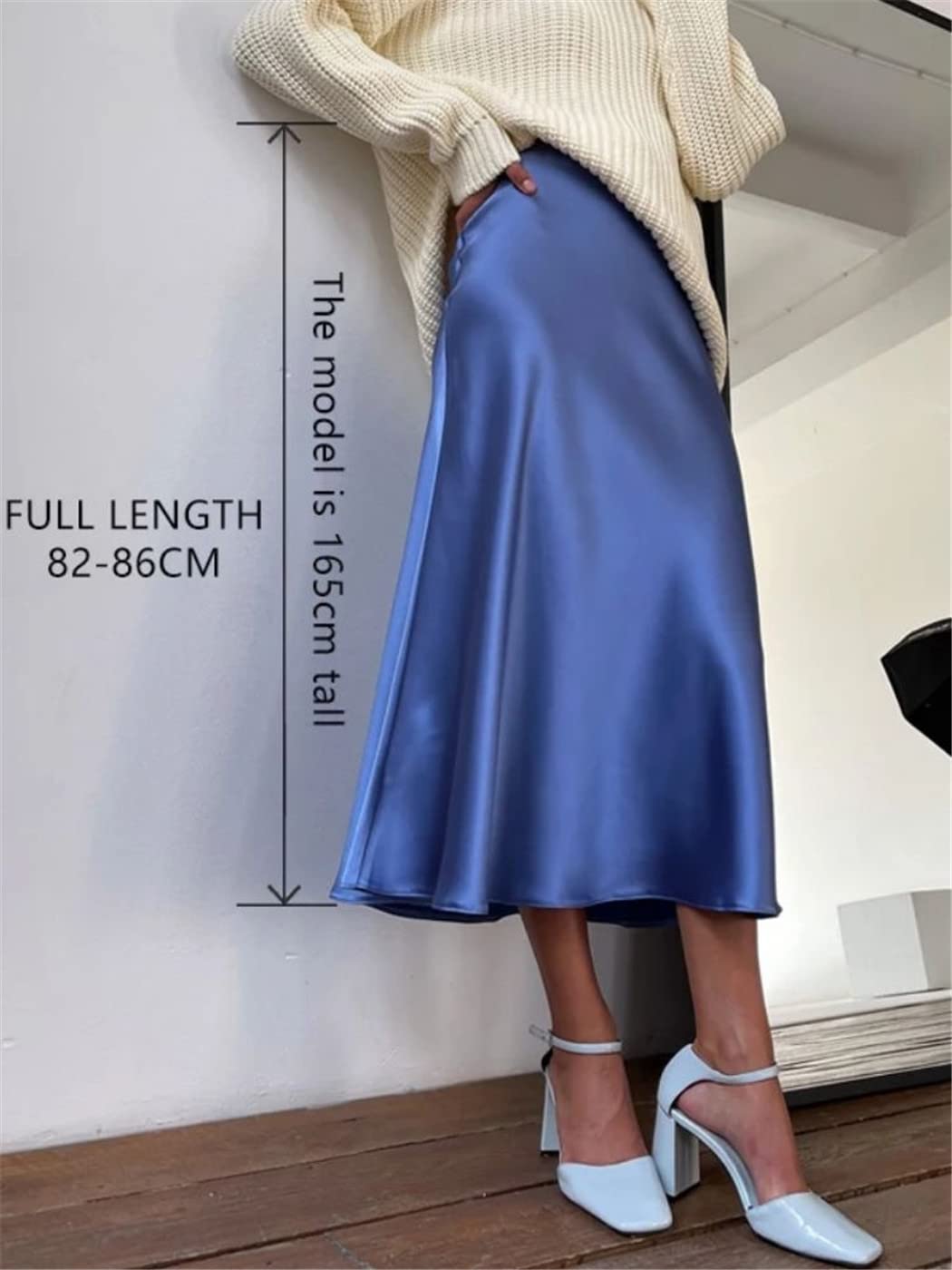 Jupe taille haute en satin de soie pour femme - Jupe élégante d'été rose midi de style coréen, champagne, 48