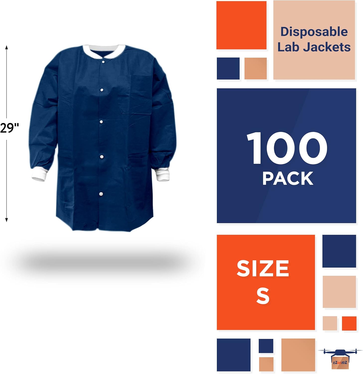 EZGOODZ Disposable Lab Jackets, True Blue Small 29 Inches Long SMS 50 GSM Hip Length Lab Jackets with Snap Front, Knit Cuffs and Collar, 3 Pockets, Pack of 100