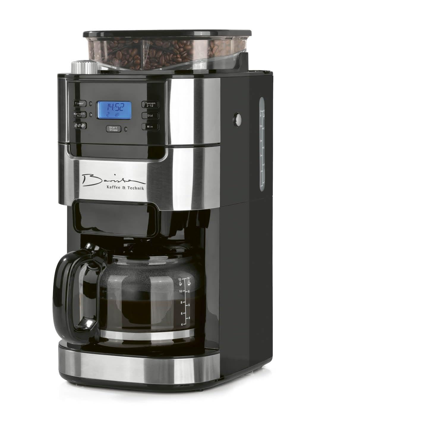 Barista Kaffee & Technik ekspres do kawy z filtrem z młynkiem ze szklanym dzbankiem | ze szklanym dzbankiem na maks. 10 dużych filiżanek kawy | do ziaren kawy i zmielonej kawy