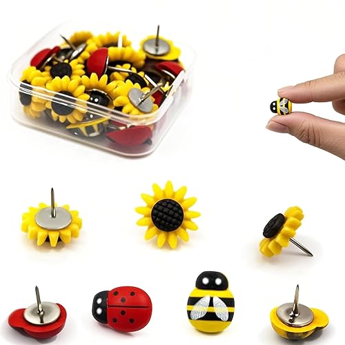 30PCS-Decorative Cute Push Pins for Wall Map Beautifying Sunflower Bee Ladybug Decorative Thumb Tacks for Cork Board, Bulletin & Photo Wall (Nature-Themed Office Supplies)