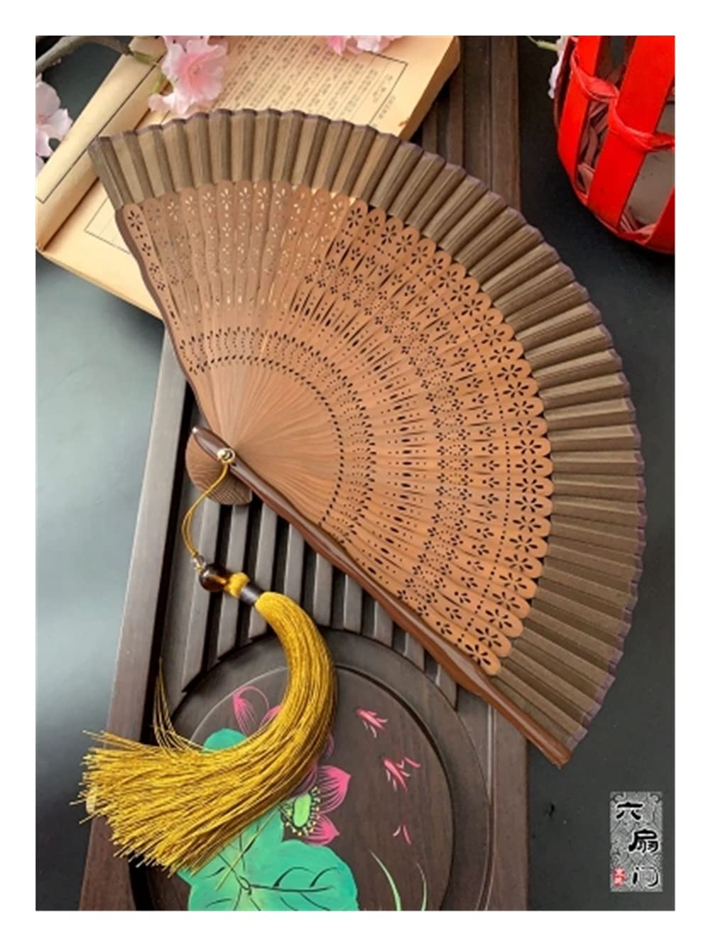 NZPOST Folding fan Chinese Style Ancient Style Bamboo Handle Folding Fan Juan Cloth Female Fan Cherry Blossom Portable Jump Dance Fan fan (Mottled 21cm)